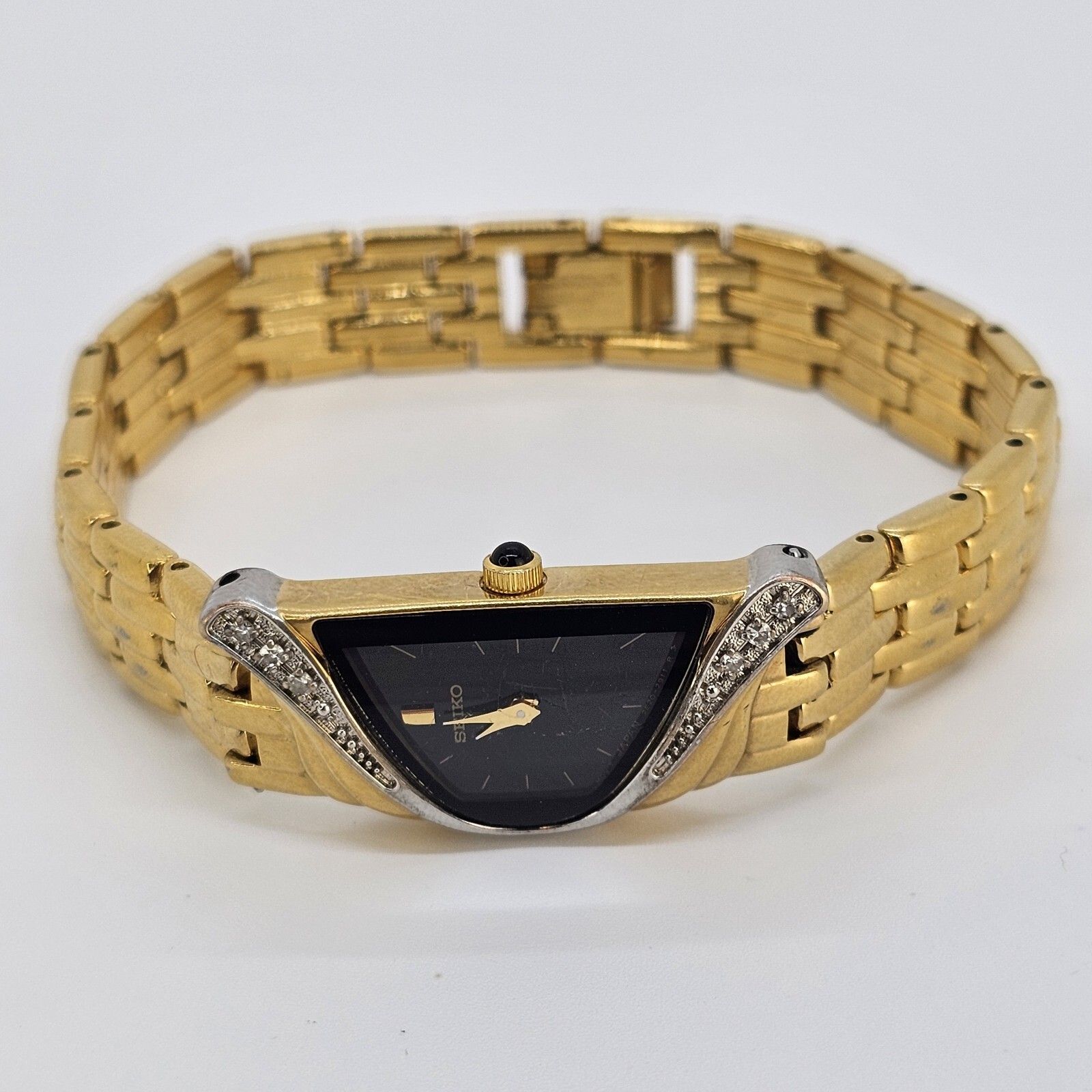 Vtg Seiko Half Moon 14mm Women's Watch Black Dial Gold Tone Diamonds 6" New Batt